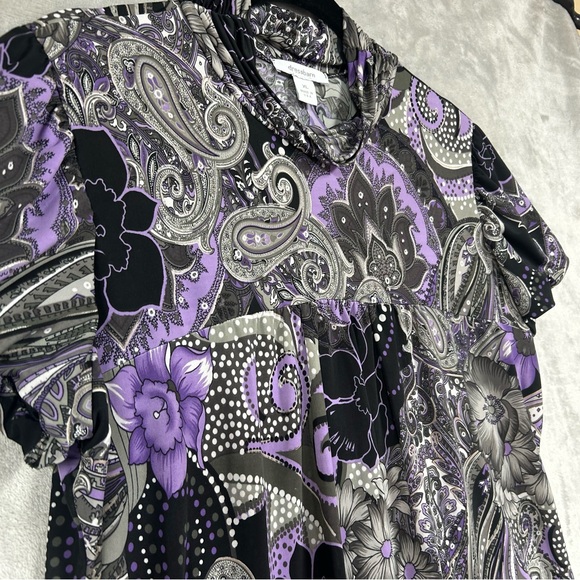 Dressbarn Paisley Dark Floral Puff Sleeve Y2K High Neck Blouse Sz XL - Picture 3 of 7